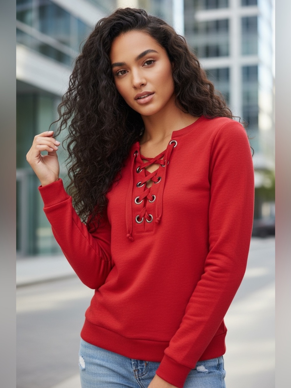 The Limited Lace-Up Grommet Front Pullover Sweatshirt in Cherry Red. Size XS.